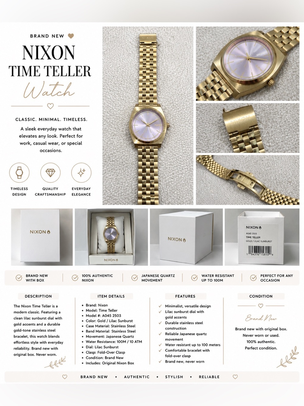 Nixon Gold Watch with Lilac Sunburst Dial